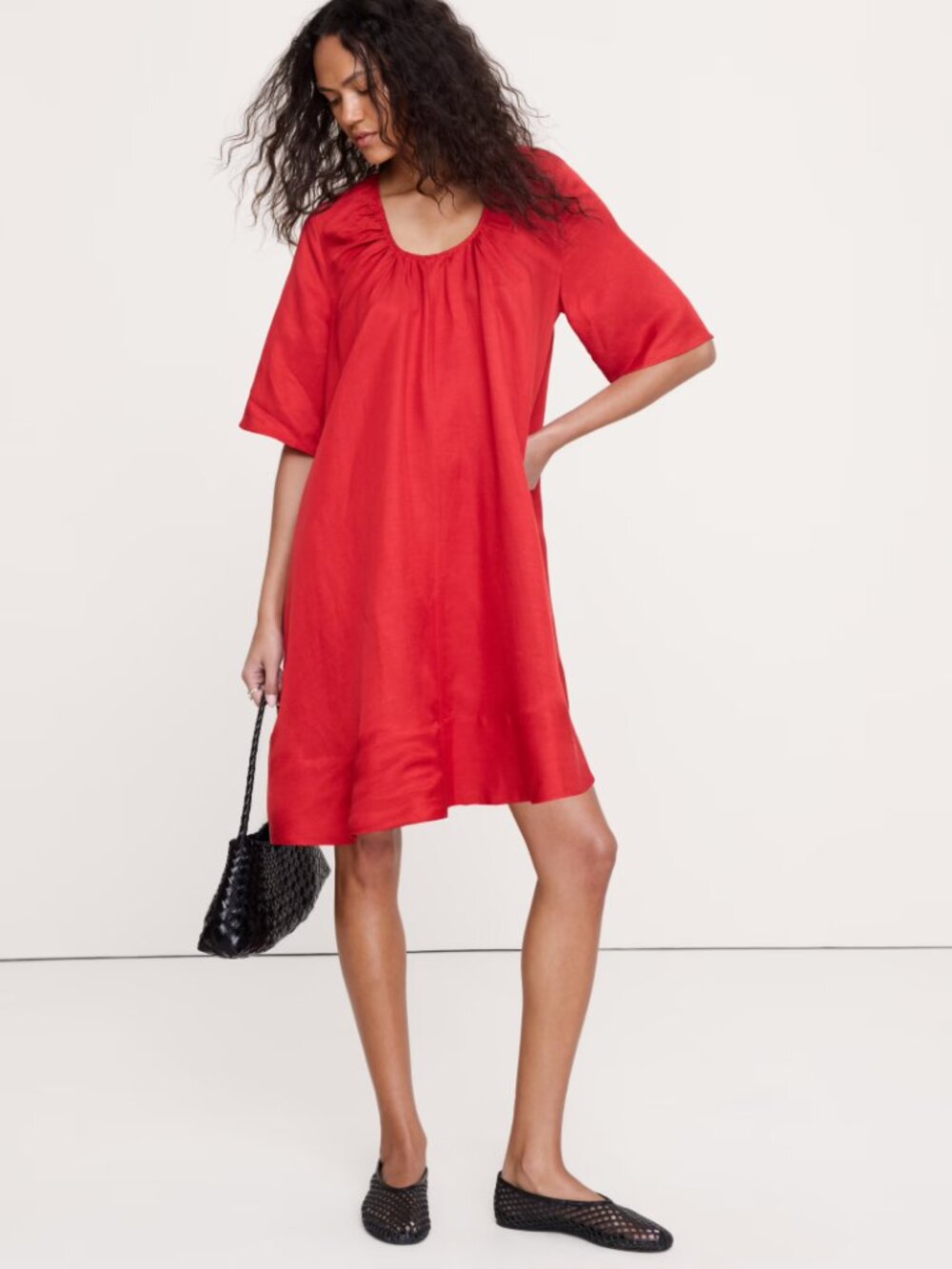 NEW Banana Republic Viscose-Linen Scoop-Neck Mini Dress in Red Tomato Paste